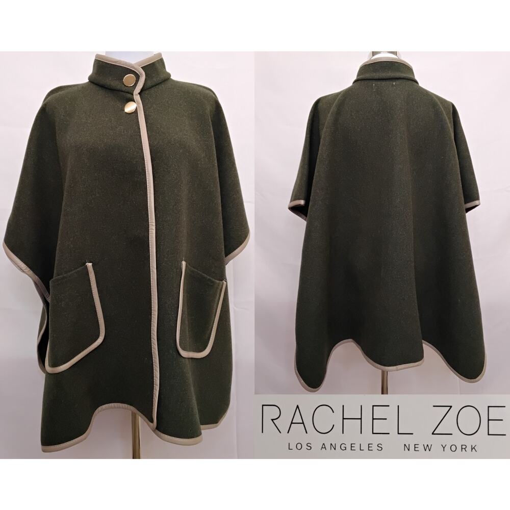 Rachel Zoe Poncho Cape One Size Green Olive Tan Trim NWT #Z5345